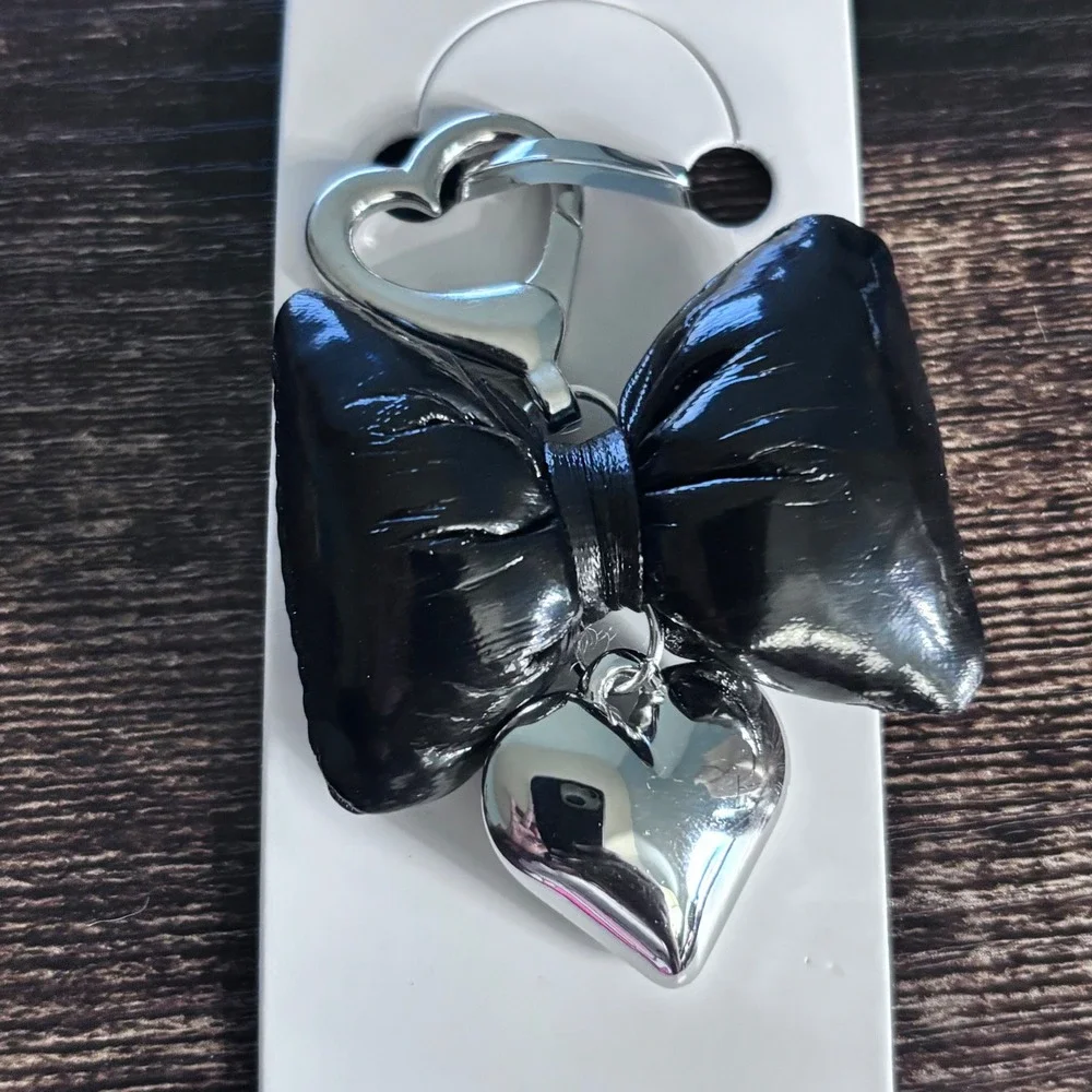 Mint Black Puffed Bow Bag Charm Silver Heart Dangle Keychain Accessory
